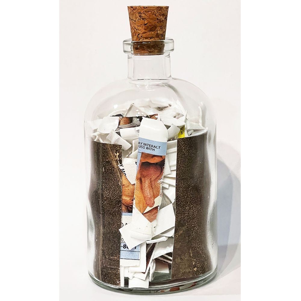 <br/>Jornada Praetorian back, 10/10/2025<br/>Apx 6½" x 3" x 3"<br/>glass, paper, ink, cork and plastic